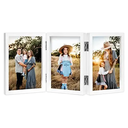 Produktbild: AVEAX Bilderrahmen 10x15 cm, Weiß, Dreifach-Bilderrahmen Collage 10x15 cm aus Holz mit Glasfront, Fotorahmen klappbarer Standfuß für vertikale Aufstellung auf dem Schreibtisch