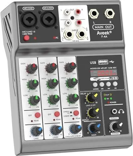 Produktbild: Aveek 4-Kanal Audio Mixer, Mixing Sound Board mit USB Bluetooth Reverb Delay Effekt, 48 V Eingang, Phantomspeisung Stereo DJ Mixer für Aufnahme, Live Streaming