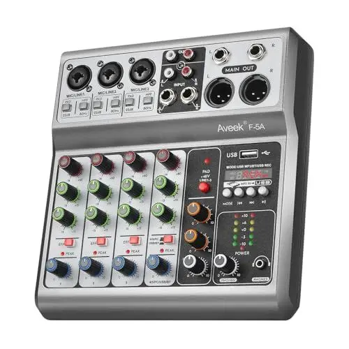 Produktbild: Aveek Professioneller Audio-Mixer, Soundboard-Mischpult mit 5-Kanal-Digital-USB-Bluetooth-Hall-Delay-Effekt, Eingang 48 V Phantomspeisung, Stereo-DJ-Mixer für Aufnahmen, Live-Streaming, Podcasting