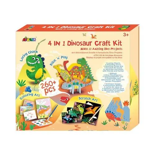 Produktbild: Avenir 6301773 Kreativset Dinosaurier, 4in1 Bastelset mit 13 DIY Projekten, Basteln, Nähen, Wasserfarben, Kratzbilder, für Kinder ab 3 Jahren