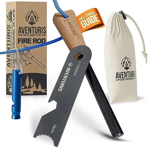 Produktbild: AVENTURIS® Feuerstahl XXL Der ultimative Outdoor Survival Firestarter Camping & Bushcraft Vielseitiger feuerstahl Outdoor, Zunderguide Lagerfeuer Zubehör und Outdoor ausrüstung