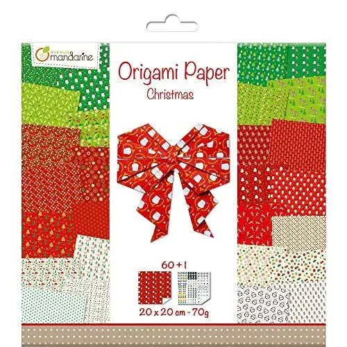 Produktbild: Avenue Mandarine OR506C - Packung mit 60 Blatt Origamipapier beidseitig bedruckt 20x20 cm, 70g (30 Motiven x2) + 1 Bogen mit selbstklebenden Augen, ideal für Kinder ab 7 Jahren, Christmas, 1 Pack