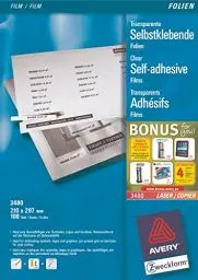 Produktbild: AVERY Zweckform 3480 Transparente Folien für Laserdrucker und Kopierer (100 selbstklebende Folien, A4, mattierte Oberfläche, hervorragend bezeichenbar, stapelverarbeitbar, Folienstärke 0,14mm)