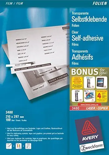 Produktbild: AVERY Zweckform 3480 Transparente Folien für Laserdrucker und Kopierer (100 selbstklebende Folien, A4, mattierte Oberfläche, hervorragend bezeichenbar, stapelverarbeitbar, Folienstärke 0,14mm)