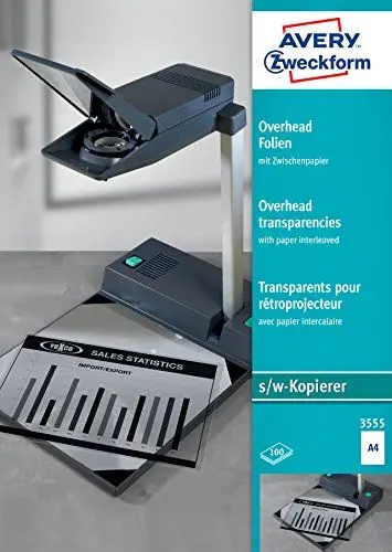 Produktbild: AVERY Zweckform 3555 Overhead-Folien für S/W Kopierer (100 Transparentfolien, A4, unbeschichtet, nur für Einzelblatteinzug, mit Zwischenpapier, Folienstärke 0,10mm, lösemittelfrei)