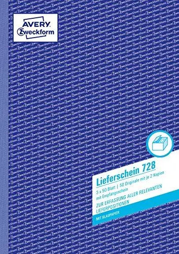 Produktbild: AVERY Zweckform 728 Lieferscheine (DIN A4, mit 2 Blatt Blaupapier, mit Empfangsschein, von Rechtsexperten geprüft, für Deutschland und Österreich geeignet,3 x 50 Blatt) weiß, gelb, rosa