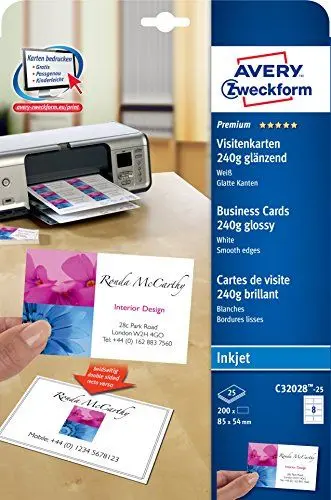 Produktbild: AVERY Zweckform C32028-25 Premium Visitenkarten, blanko (250 Stück, 240g, 85x54 mm, beidseitig bedruckbar, glänzend weiß, absolut glatte Kanten, 25 Blatt) zum Selbstbedrucken auf Inkjet-Druckern