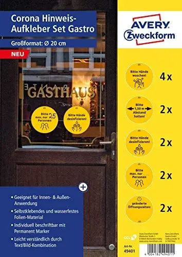Produktbild: AVERY Zweckform Hinweis Aufkleber Gastronomie (ø20 cm, 12 Warnschilder, Hände waschen, Abstand halten, Mundschutz tragen, Hände desinfizieren, max. Anzahl Personen, Öffnungszeiten) 49401