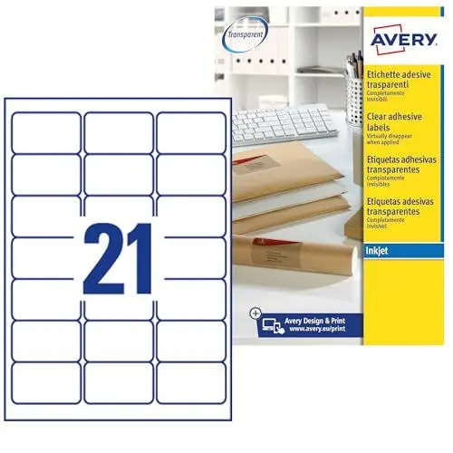 Produktbild: AVERY Zweckform J8560-25 Adressetiketten/Adressaufkleber (525 Etiketten, 63,5x38,1mm auf A4, bedruckbar, selbstklebend, für DIN B6/C6 Briefkuverts, Polyesterfolie, Inkjet-Drucker) 25Blatt, transparent