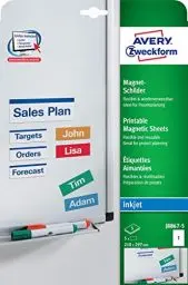 Produktbild: AVERY Zweckform J8875-5 Magnet-Schilder (5 Magnete, 210x297mm auf A4, spezialbeschichtet, bedruckbar, magnetische Haftung auf White Boards, Metalltafeln, uvm., für Inkjet-Drucker) 5 Blatt, weiß