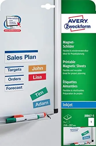 Produktbild: AVERY Zweckform J8875-5 Magnet-Schilder (5 Magnete, 210x297mm auf A4, spezialbeschichtet, bedruckbar, magnetische Haftung auf White Boards, Metalltafeln, uvm., für Inkjet-Drucker) 5 Blatt, weiß