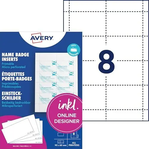 Produktbild: AVERY Zweckform L4728-20 Einsteckschilder für Namensschilder 160 Stück (60x90mm, individuell bedruckbare Einsteckkarten, feine mikroperforation, passend für Ausweishüllen AVERY Art. 4822-4825) weiß