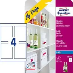 Produktbild: AVERY Zweckform MD4001 Flaschenetiketten (120x90 mm auf DIN A4, selbstklebend, bedruckbare Flaschenaufkleber für Glasflächen, Inkjet-/Tintenstrahldrucker) 20 Etiketten für Flaschen auf 5 Blatt weiß