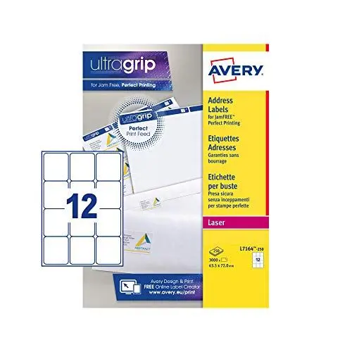 Produktbild: Avery Adressetiketten für Laserdrucker, ohne Papierstau, 12 pro Bogen 63,5x72mm weiß (3000 Etiketten)