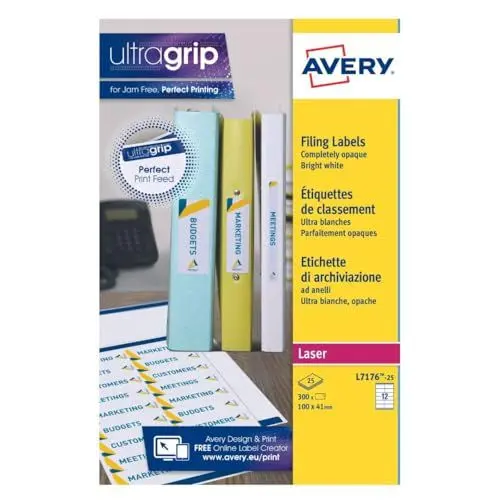 Produktbild: Avery L7176-25 Ordner-Etiketten für Tintenstrahl und Laser (für 60 mm Ordner, 12 pro Blatt, 41 x 100 mm) 300 Etiketten