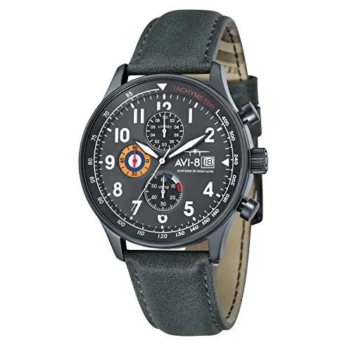 Produktbild: AVI-8 Herren 42mm Hawker Hurricane Classic Chronograph Military Green Japanische Quarz-Fliegeruhr mit Lederarmband AV-4011-0D