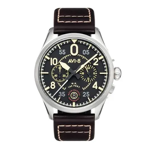 Produktbild: AVI-8 Herren 42mm Spitfire Lock Chronograph Midnight Oak Japanische Quarz-Fliegeruhr mit Lederarmband AV-4089-01