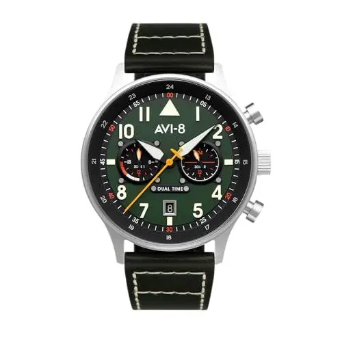 Produktbild: AVI-8 Herren 43.5mm Hawker Hurricane Carey Dual Time Merville Japanische Quarz-Fliegeruhr mit Lederarmband AV-4088-02