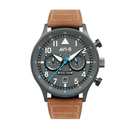 Produktbild: AVI-8 Herren 43.5mm Hawker Hurricane Carey Dual Time Orissa Japanische Quarz-Fliegeruhr mit Lederarmband AV-4088-04