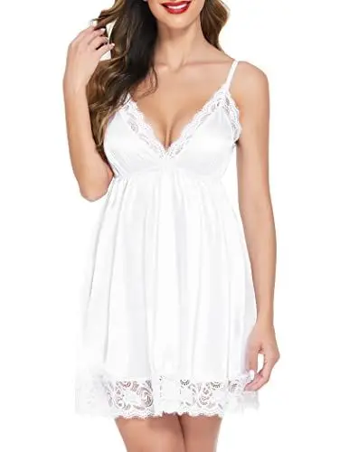 Produktbild: Avidlove Satin Kleid Frauen Sexy Babydoll Spitze Nachthemd Cami Unterkleid Satin Nachtwäsche V-Ausschnitt Dessous Set Weiß M