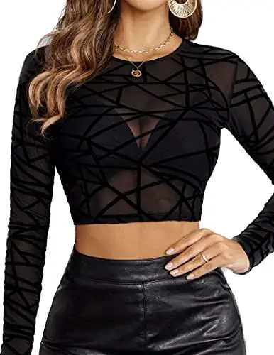 Produktbild: Avidlove Damen Bluse Sexy Top Festival Outfit Crop Oberteile Rave Body Langarm Shirt Mesh Clubwear Schwarz/Line XL