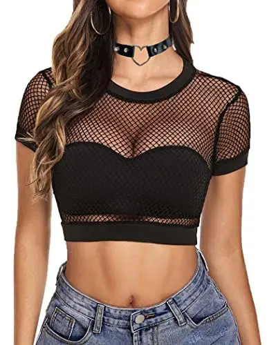 Produktbild: Avidlove Damen Crop Top Netz Sexy T-Shirt Kurzärm Mesh Tops Rundhals Party Outfit Tops Basic T-Shirt Schwarz L
