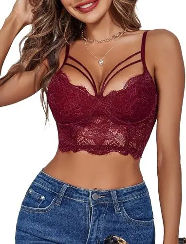 Produktbild: Avidlove Damen Crop Tops Sexy Spitze Bustier Bauchfrei Camilose Top Zwei Schicht Spaghettiträger Oberteil V-Ausschnitt Bralettes Cami Tanktop,RotL