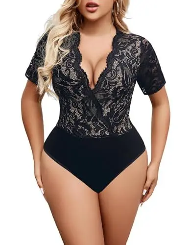 Produktbild: Avidlove Damen Lace Body Sexy Kurzarm Bodysuit Bluse V Ausschnitt Mesh Tops Elegante Oberteile Mit Snap Crotch