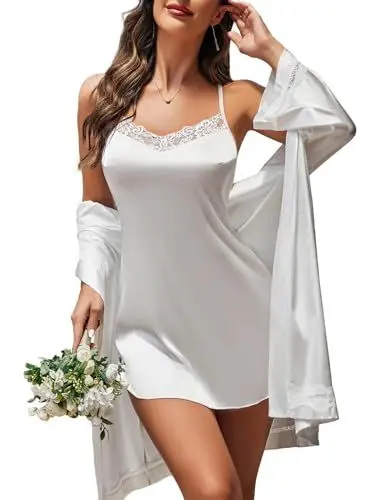 Produktbild: Avidlove Damen Negligee Sexy Satin Nachthemd Spitze Nachtwäsche V Ausschnitt Dessous Kleid Lingerie Nachtkleid Weiß M