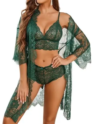 Produktbild: Avidlove Damen Sexy Dessous Set Spitze 3-Teilig Negilgee Unterwäsche Netz-Nachthemd Dünn Kimono Mesh Lingerie Sets Mit BH und Höschen，GrünM