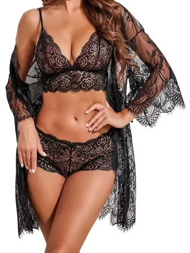 Produktbild: Avidlove Damen Sexy Dessous Set Spitze 3-Teilig Negilgee Unterwäsche Netz-Nachthemd Dünn Kimono Mesh Lingerie Sets Mit BH und Höschen，SchwarzS