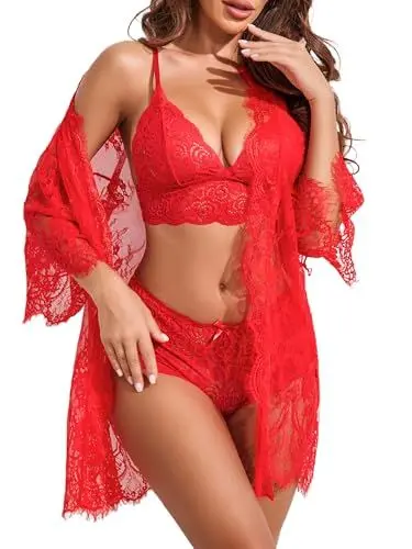 Produktbild: Avidlove Damen Sexy Dessous Set Spitze 3-Teilig Negilgee Unterwäsche Netz-Nachthemd Dünn Kimono Mesh Lingerie Sets Mit BH und Höschen，RotL