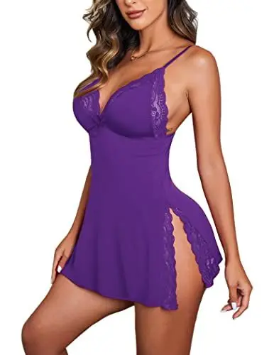 Produktbild: Avidlove Nachthemd Damen Sexy Babydoll Negligee Spitze Nachtkleid Spaghettiträger Nachtwäsche V-Ausschnitt Sleepwear für Frauen Violett XXL