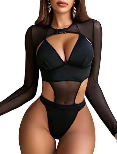 Produktbild: Avidlove Rave Outfits für Damen Sexy Body Dessous Bodysuit Schnalle Achselzucken Bauchfreies Top Set Schwarz S