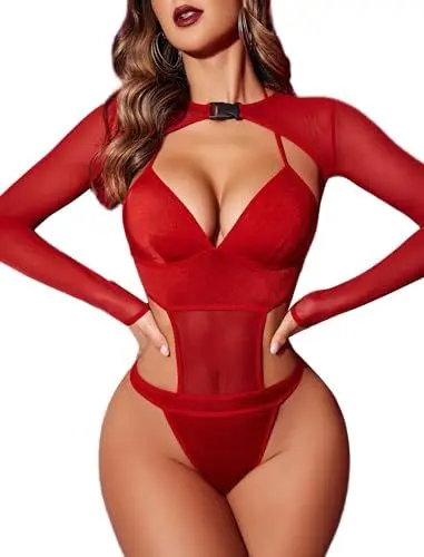 Produktbild: Avidlove Rave Outfits für Damen Sexy Dessous Bodysuit Schnalle Achselzucken Bauchfreies Top Set Rot S