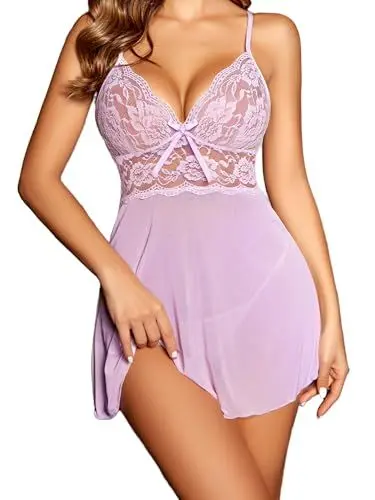 Produktbild: Avidlove Dessous Damen Sexy Spitze Babydoll Lingerie Negligee V-Ausschnitt Unterwäsche Nachtwäsche Frauen Reizwäsche Nachthemd Teddy Kleid Chemise Violett L