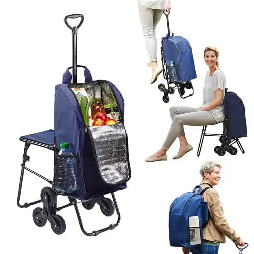 Produktbild: Avilia Einkaufstrolley mit klappbarem Sitz – maximale Manövrierbarkeit und Komfort | 3-Rad-System, Teleskopgriff, abnehmbare Kühltasche | Fassungsvermögen 35 l, ideal für ältere Menschen und Familien