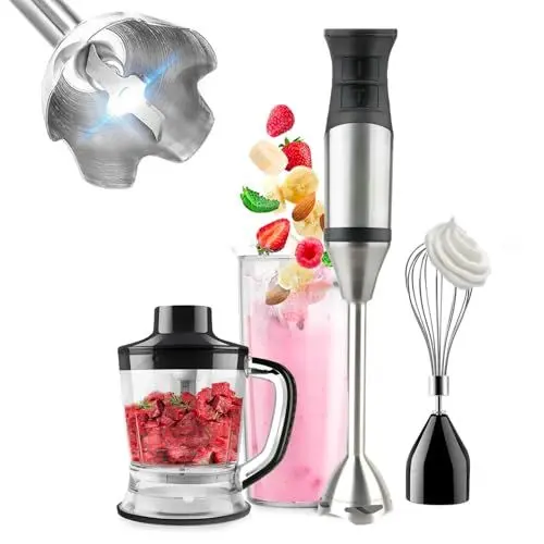 Produktbild: Avilia Stabmixer aus Edelstahl 1200 W mit 3 Zubehörteilen, Schneebesen, Behälter und Zerkleinerer – 20 Geschwindigkeiten und Turbo-Modus ist ideal zum Mixen und Zerkleinern von Lebensmitteln