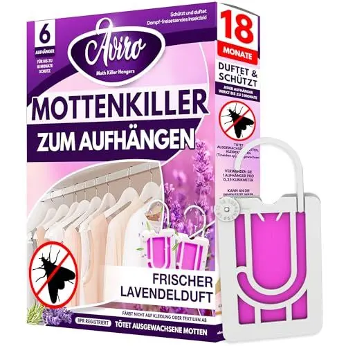 Produktbild: Aviro Kleidermottenfalle – Mottenschutz für Kleiderschrank. 6er Pack Mottenfalle-Hänger mit natürlichem Lavendelduft, wirksam gegen Kleidermotten für Kleidung – bis zu 3 Monaten Schutz, frischer Duft