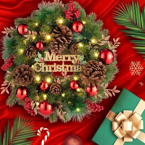 Produktbild: Avoalre 40 LEDs Türkranz Weihnachten Batterie, 8 Modi und Timer Funktion,Durchmesser 40cm warmweiße Weihnachtskranz, Türkranz mit Tannenzapfen und Kugel,Weihnachten Deko für Türen,Wänden, Fenstern
