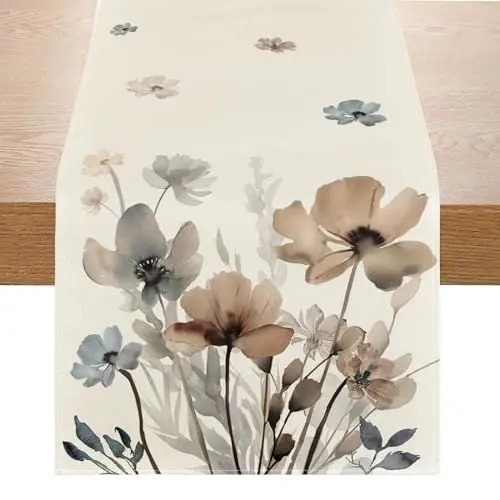 Produktbild: Avoik Mode Blumen Tischläufer Sommer Mohnblumen Herbst Tischläufer Frühling Küche Esstisch Dekoration für Drinnen Draußen Urlaub Party Wohnzimmer Dekor 33 x 180 cm, Braun