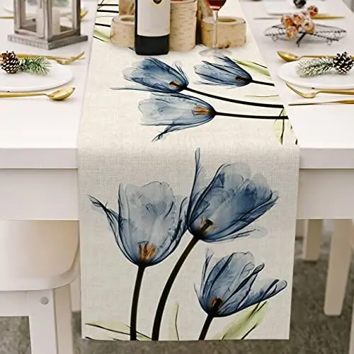 Produktbild: Avoik Tischläufer Sommer Blau Blumen Tischläufer Frühling Modern Wohnzimmer Abstrakt Tischdecke Leinen Tulpen rutschfest Tischband Dekoration für Esszimmer Party Urlaub 33x180cm