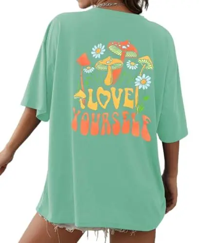 Produktbild: AVOZAL Oversized Tshirt Damen Sommer Locker Kurzarm Rundhals Oberteile Frauen Lässig T-Shirts Rücken Pilz Graphic Tee Casual Muster Lang Top(S,Grün)