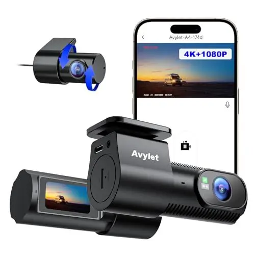 Produktbild: Avylet 4K+1080P Dashcam Auto Vorne Hinten, Wi-Fi/APP Mini Dual Auto Kamera,1,5″ IPS Display Unterstützt Externes GPS-Modul, Parküberwachung, Super Nachtsicht, WDR, 170°Weitwinkel, G-Sensor, Max 256GB