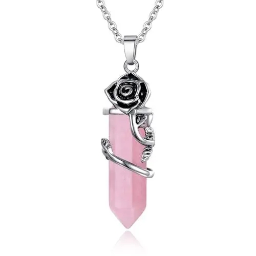Produktbild: AWARDSEN Rosenquarz Edelstein Kette, Flower Crystal Necklace, Wrapped Point Anhänger Halsketten, Reiki Healing Crystals Stone Necklaces, Edelstein Quarz Schmuck für Frauen