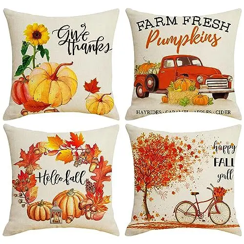 Produktbild: AWCIGG® Kissenbezug Herbst Kissenhülle Kissenbezüge 45 x 45 cm 4er Set Ahornblatt Kürbis Kissenhüllen Herbst Deko Kissen Erntedankfest Herbst Dekoration Innen Garten Sofa Schlafzimmer Herbstdeko