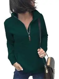 Produktbild: Awemeal Sweatshirt Damen Herbst Winter Mode Reißverschluss Pullover Oberteil Einfarbig Leicht Lange Ärmel Pullovershirt Pulli Casual Gestepptes Muster Jumper Blouse Sweater （M, Dunkelgrün）