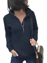Produktbild: Awemeal Sweatshirt Damen Herbst Winter Mode Reißverschluss Pullover Oberteil Einfarbig Leicht Lange Ärmel Pullovershirt Pulli Casual Gestepptes Muster Jumper Blouse Sweater （XL, Dunkelblau）