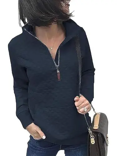 Produktbild: Awemeal Sweatshirt Damen Herbst Winter Mode Reißverschluss Pullover Oberteil Einfarbig Leicht Lange Ärmel Pullovershirt Pulli Casual Gestepptes Muster Jumper Blouse Sweater （XL, Dunkelblau）