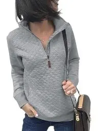 Produktbild: Awemeal Sweatshirt Damen Herbst Winter Mode Reißverschluss Pullover Oberteil Einfarbig Leicht Lange Ärmel Pullovershirt Pulli Casual Gestepptes Muster Jumper Blouse Sweater （M, Hellgrau）